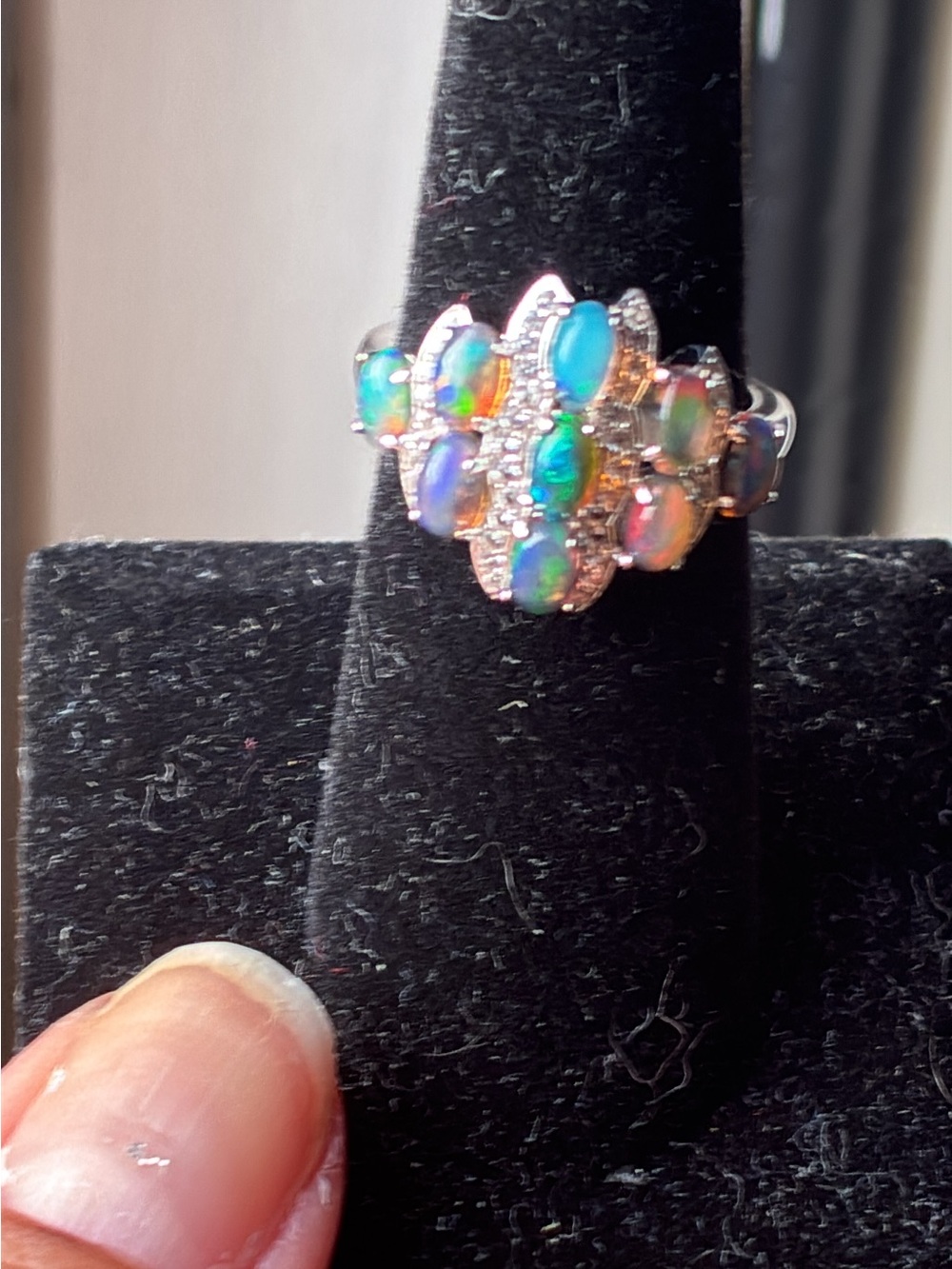 Sterling Silver Black Fire Opal Cluster Ring in Green-Blue Fire - Picture 4 of 9